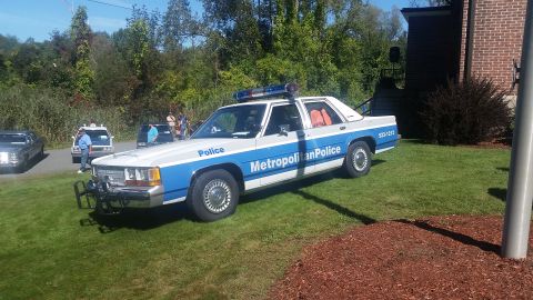 1991 Ford LTD Crown Victoria - A 1991 Ford Crown Victoria police car is parked on a grassy area next to a building.