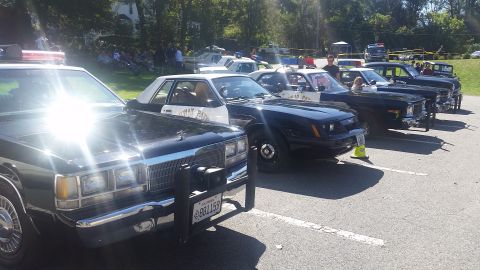 1991 Ford LTD Crown Victoria - Several police cars, including a black 1980s model, are parked in a line at an outdoor event.
