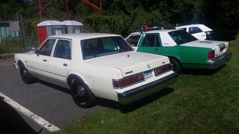 1991 Ford LTD Crown Victoria - Multiple police vehicles are parked outdoors, with two portable toilets visible in the background.
