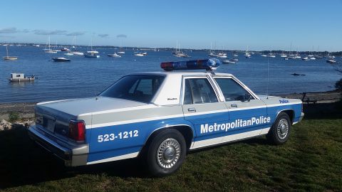 1991 Ford LTD Crown Victoria - A 1991 Ford Crown Victoria police car is parked by the water, with numerous sailboats visible in the distance.