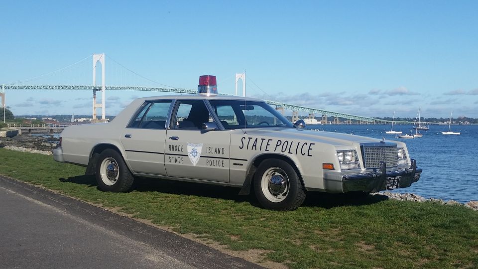 Gray police car with "STATE POLICE" text, parked on grass by the water with a bridge in the background