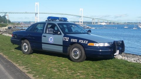 1991 Ford LTD Crown Victoria - A 1991 Ford Crown Victoria police car is parked on the grass near the water, with a large bridge visible in the distance.