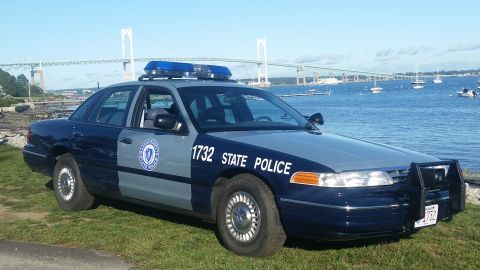 1991 Ford LTD Crown Victoria - A police car is parked on the grass near the water, with a bridge visible in the distance.