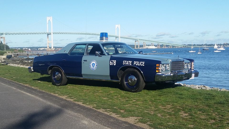 Blue and grey police car parked on grass by the water, with a bridge in the background
