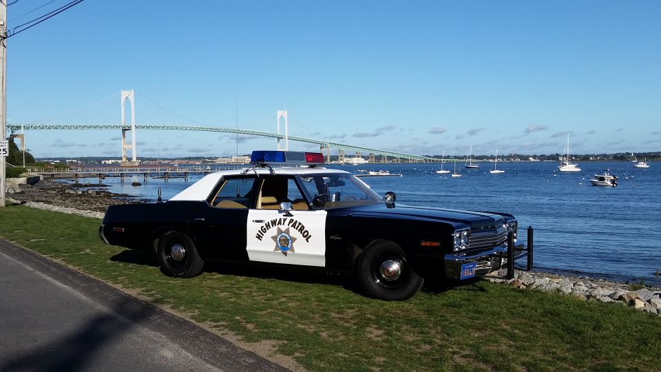 Black and white police car parked on grass by the water, with a bridge in the background