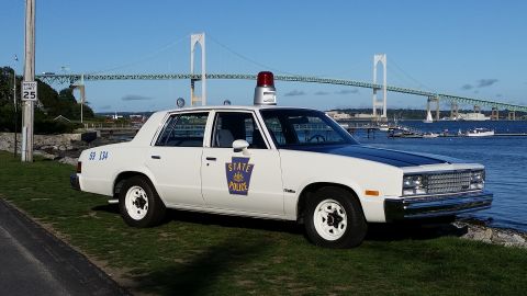1991 Ford LTD Crown Victoria - A white police car with a light bar on the roof is parked near the water with a bridge in the background.