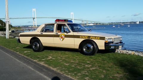 1991 Ford LTD Crown Victoria - A 1991 Ford Crown Victoria police car is parked by the water with a bridge in the background.