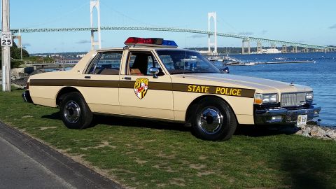 1991 Ford LTD Crown Victoria - This 1980s era police car is parked near a body of water with a large bridge visible.
