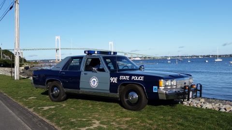 1991 Ford LTD Crown Victoria - A 1991 Ford Crown Victoria police car is parked on a grassy area next to a body of water, with a bridge in the background.