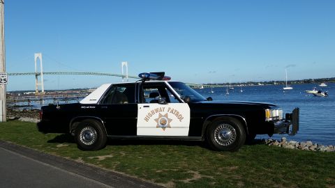 1991 Ford LTD Crown Victoria - A 1991 Ford Crown Victoria police car is parked by the water, with a bridge and sailboats in the distance.