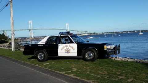 1991 Ford LTD Crown Victoria - A 1991 Ford Crown Victoria highway patrol car is parked on a grassy area next to the water, with a bridge in the background.