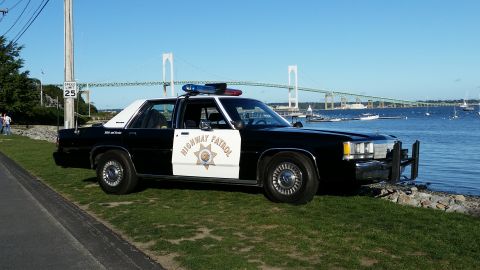 1991 Ford LTD Crown Victoria - A black and white 1991 Ford Crown Victoria highway patrol car is parked on the grass near the water with a bridge in the background.