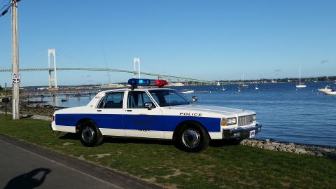 1991 Ford LTD Crown Victoria - A police car is parked by the water with a bridge and boats in the distance under a clear blue sky.