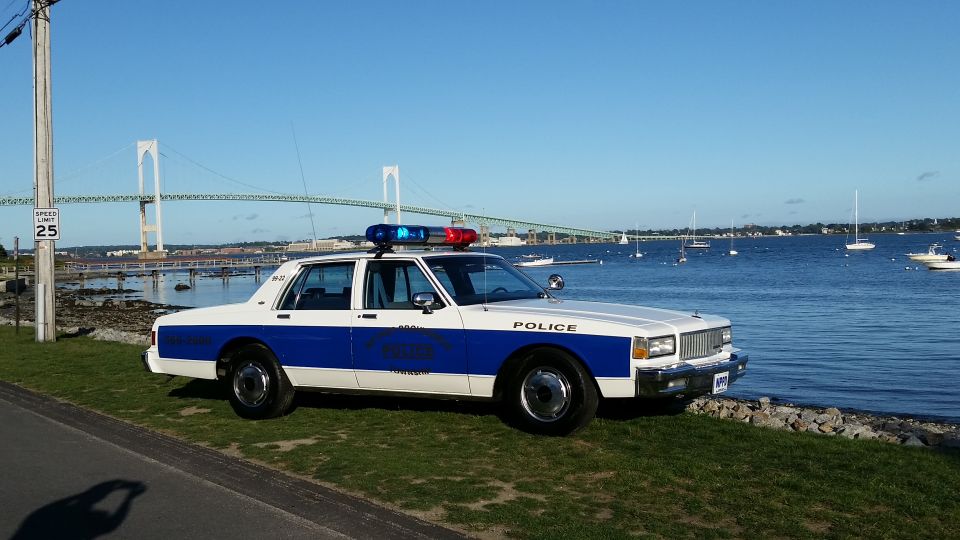 White and blue police car parked on grass by the water, with a bridge in the background