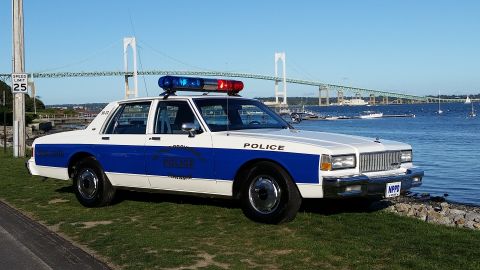 1991 Ford LTD Crown Victoria - This police car is parked by the water with a bridge in the background.
