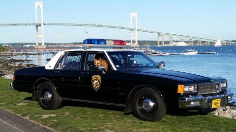 1991 Ford LTD Crown Victoria - Photo of a black and white Chevrolet Caprice police car parked on grass by the water, not a technical document.