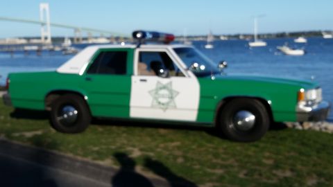 1991 Ford LTD Crown Victoria - Slightly blurred photo of a green-and-white sheriff Ford Crown Victoria parked beside a harbor.