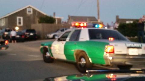 1991 Ford LTD Crown Victoria - Blurred photo of a green-and-white sheriff police car with emergency lights on a residential street at dusk.