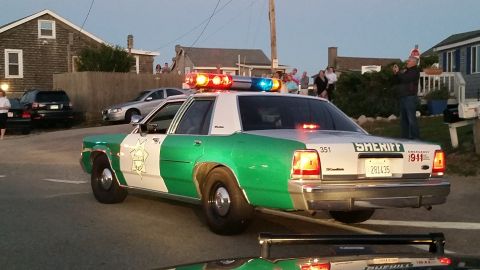 1991 Ford LTD Crown Victoria - Photo of the rear of a green-and-white sheriff Crown Victoria with emergency lights and spectators at dusk.