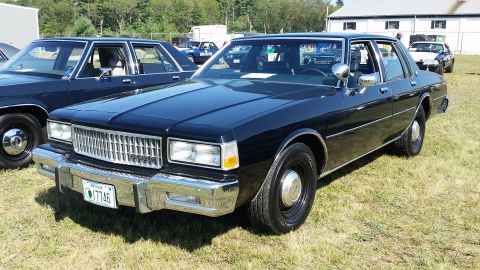 1991 Ford LTD Crown Victoria - A black 1980s sedan, possibly a police vehicle, is parked on a grassy field with a building in the background. The car features a chrome gr…