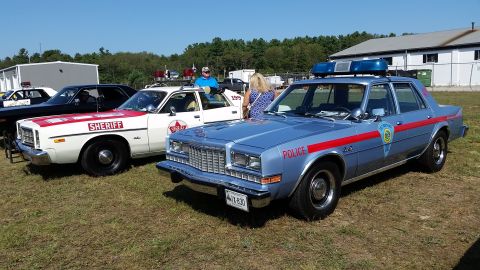 1991 Ford LTD Crown Victoria - A light blue police car with a red stripe and a light bar is parked on grass next to a sheriff's vehicle.