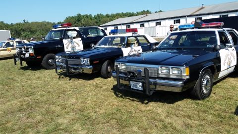 1991 Ford LTD Crown Victoria - Three police cars, including a black and white sedan with a push bar and "Highway Patrol" markings, are parked on a grassy field.
