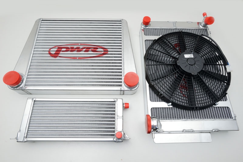 PWR branded intercooler and two radiators with a cooling fan
