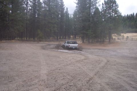 1995 Ford Bronco - A white SUV navigates a muddy track surrounded by pine trees.