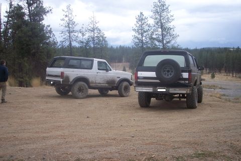 1995 Ford Bronco - Two Ford Broncos are parked off-road in a wooded area. The white Bronco is on the left, the black one on the right.