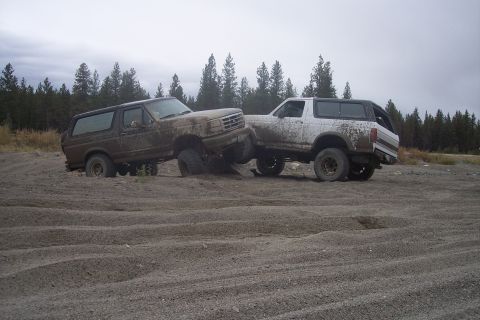 1995 Ford Bronco - Two Ford Broncos appear to be stuck in a sandy, off-road area with trees in the background.