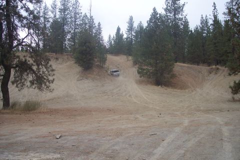 1995 Ford Bronco - A white SUV navigates a dusty dirt hill surrounded by pine trees.