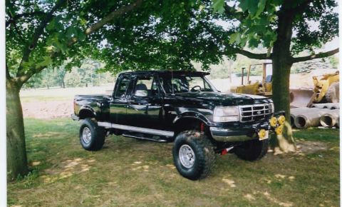 1994 Ford F-150 - This black 1994 Ford F-150 pickup truck is seen parked outdoors under the shade of large trees.