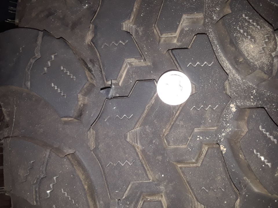 Close-up of a tire tread with a dime for scale
