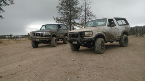 1995 Ford Bronco - Two Ford Broncos, one white and one dark gray, are parked on a dirt road under an overcast sky.