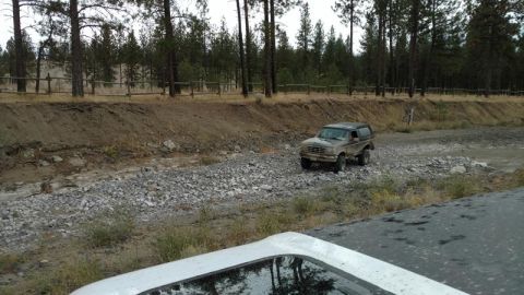 1995 Ford Bronco - A brown 1992 Ford Bronco navigates a rocky, off-road path surrounded by trees.