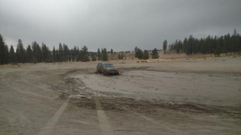 1995 Ford Bronco - SUV stuck in mud, with trees and overcast sky in the background.