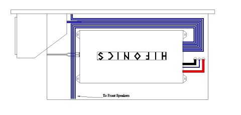 1994 Ford Bronco - Install wiring diagram showing a Hifonics amplifier with blue, black and red leads routed to the front speakers.