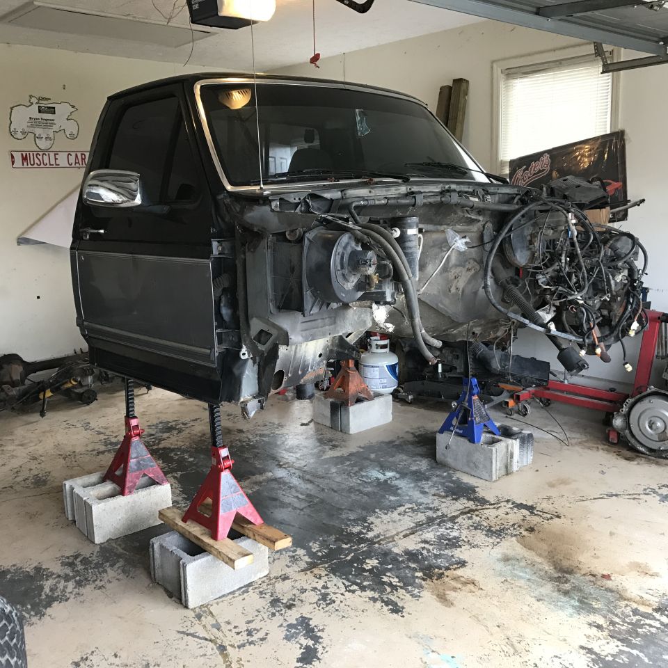 1995 Ford F-150 front view, engine removed, on jack stands