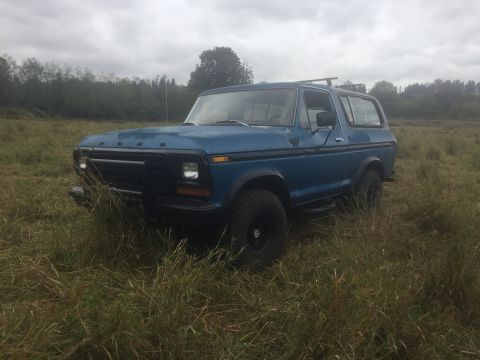 1979 Ford Bronco - 1978 Ford Bronco sits in a field, likely off-road or parked for storage.