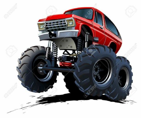 1979 Ford Bronco - This cartoon depicts a red 1979 Ford Bronco modified into a monster truck with massive tires and lifted suspension.