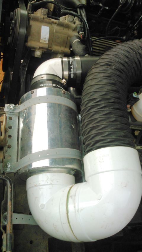 1996 Ford Bronco - a somewhat better look at how the housing is mounted. i have 2 strips of angle iron mounted to the original air filter mounting bracket. i…