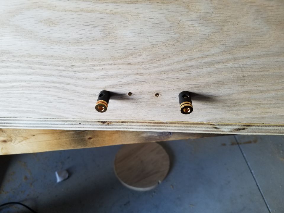 Two gold binding-post terminals mounted in a plywood panel