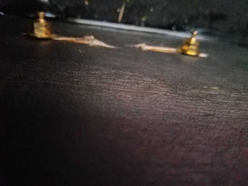 Blurry photo of two gold binding posts on a carpeted enclosure
