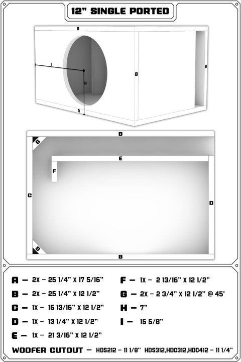 1994 Ford Bronco - Dimensioned build drawing for a 12-inch single-ported speaker enclosure listing each panel's cut size and the woofer cutout.
