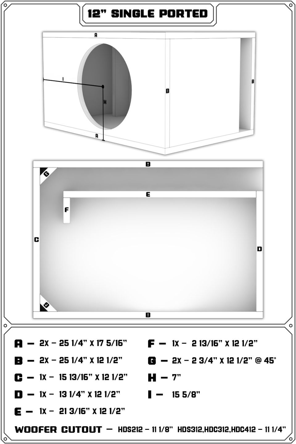 Dimensioned cut sheet for a 12-inch single-ported subwoofer enclosure with labeled panel sizes