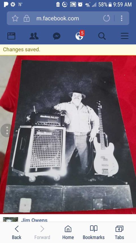 1994 Ford Bronco - Facebook screenshot showing a photograph of a man with amplifiers and a bass guitar, not a technical document.