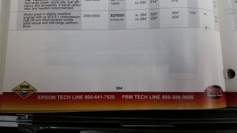 1981 Ford Bronco - Camshaft selection catalog page (Erson Cams/PBM) listing grind E270321 Hi-Flow AH specs: 284 deg duration, .504 in lift, 110 lobe separatio…