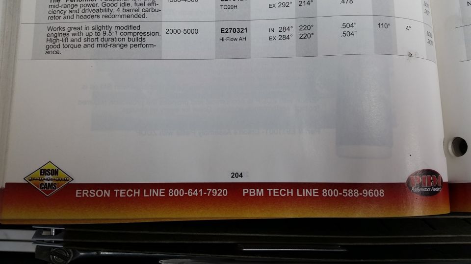 Erson/PBM camshaft spec catalog page 204: Hi-Flow AH cam E270321 duration and lift figures