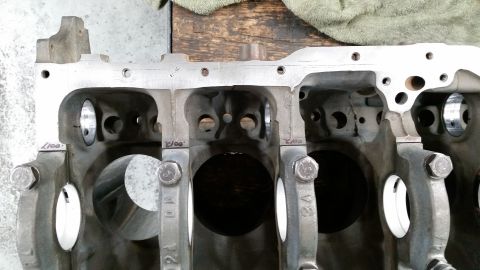1981 Ford Bronco - Close-up view of the internal structure of a V8 engine block, showing the crankshaft bearing journals and connecting rod mounting points. M…