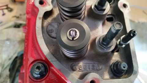 1981 Ford Bronco - A close-up view of the top of a red engine block, showing valve springs, retainers, and rocker arm studs. Visible casting numbers on the bl…